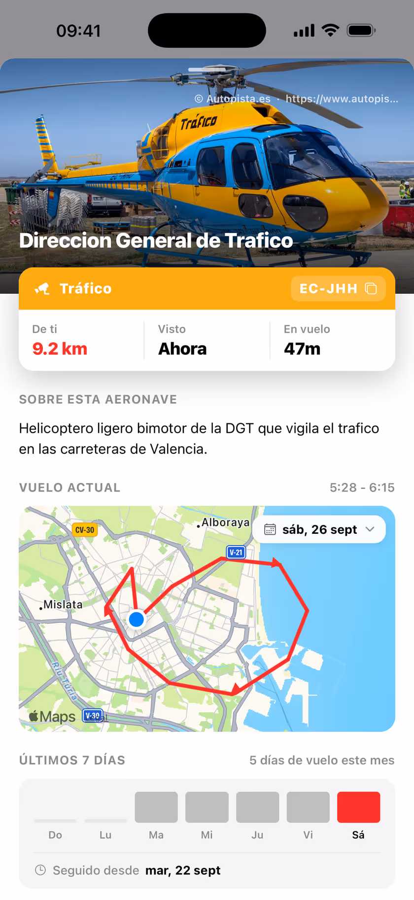 Ficha de un helicóptero con su foto real, el operador, la ruta del vuelo y los datos técnicos