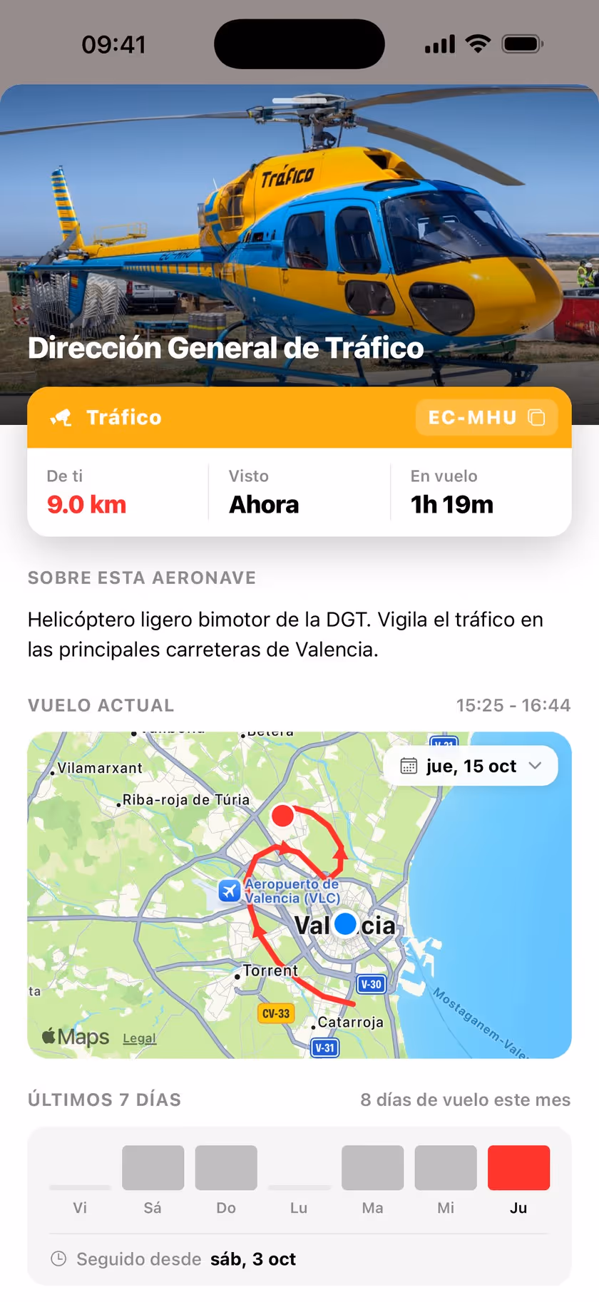 Ficha de un helicóptero con su foto real, el operador, la ruta del vuelo y los datos técnicos