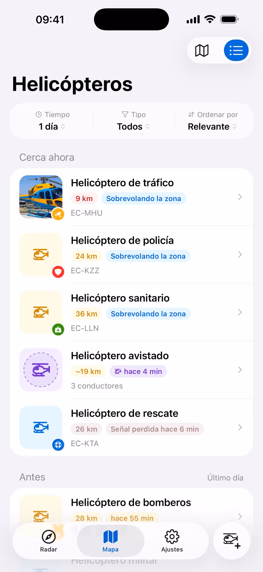 Listado de helicópteros que han pasado cerca, con su hora y su distancia