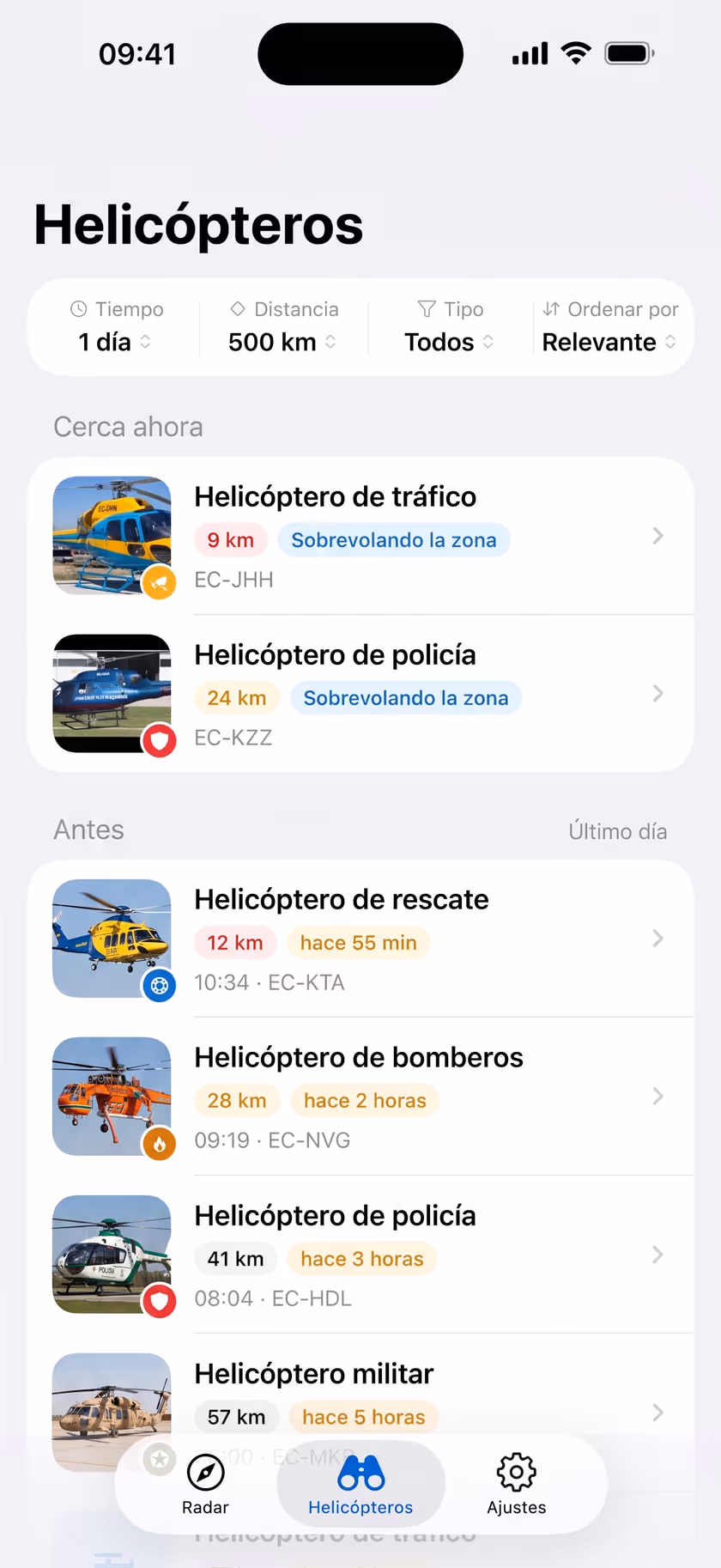 Listado de helicópteros que han pasado cerca, con su hora y su distancia