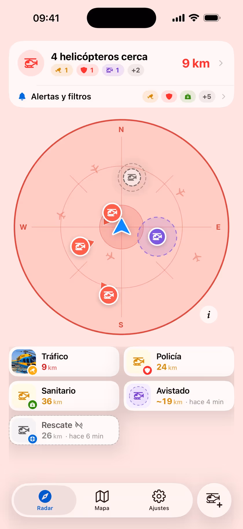 El radar de la app, centrado en tu posición, con un helicóptero de tráfico a 9 km y uno de policía a 24 km