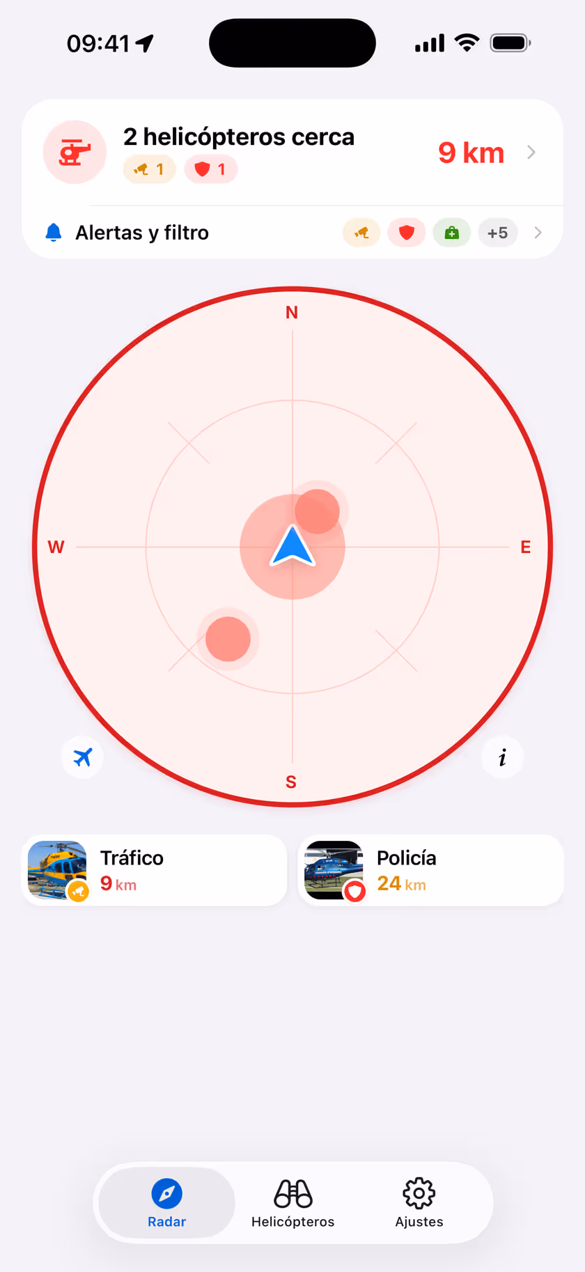 El radar de la app, centrado en tu posición, con un helicóptero de tráfico a 9 km y uno de policía a 24 km